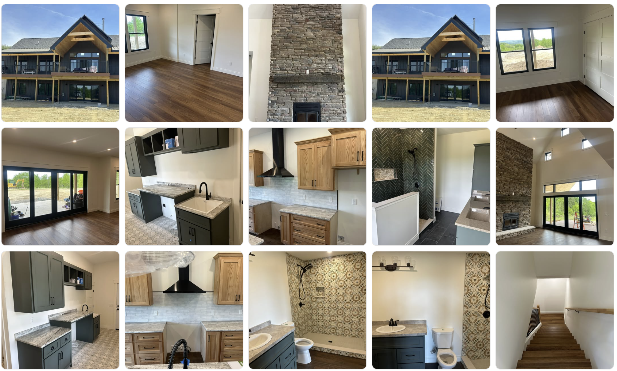 Completed home build — exterior and interior finish work including hardwood floors, stone fireplace, and custom windows