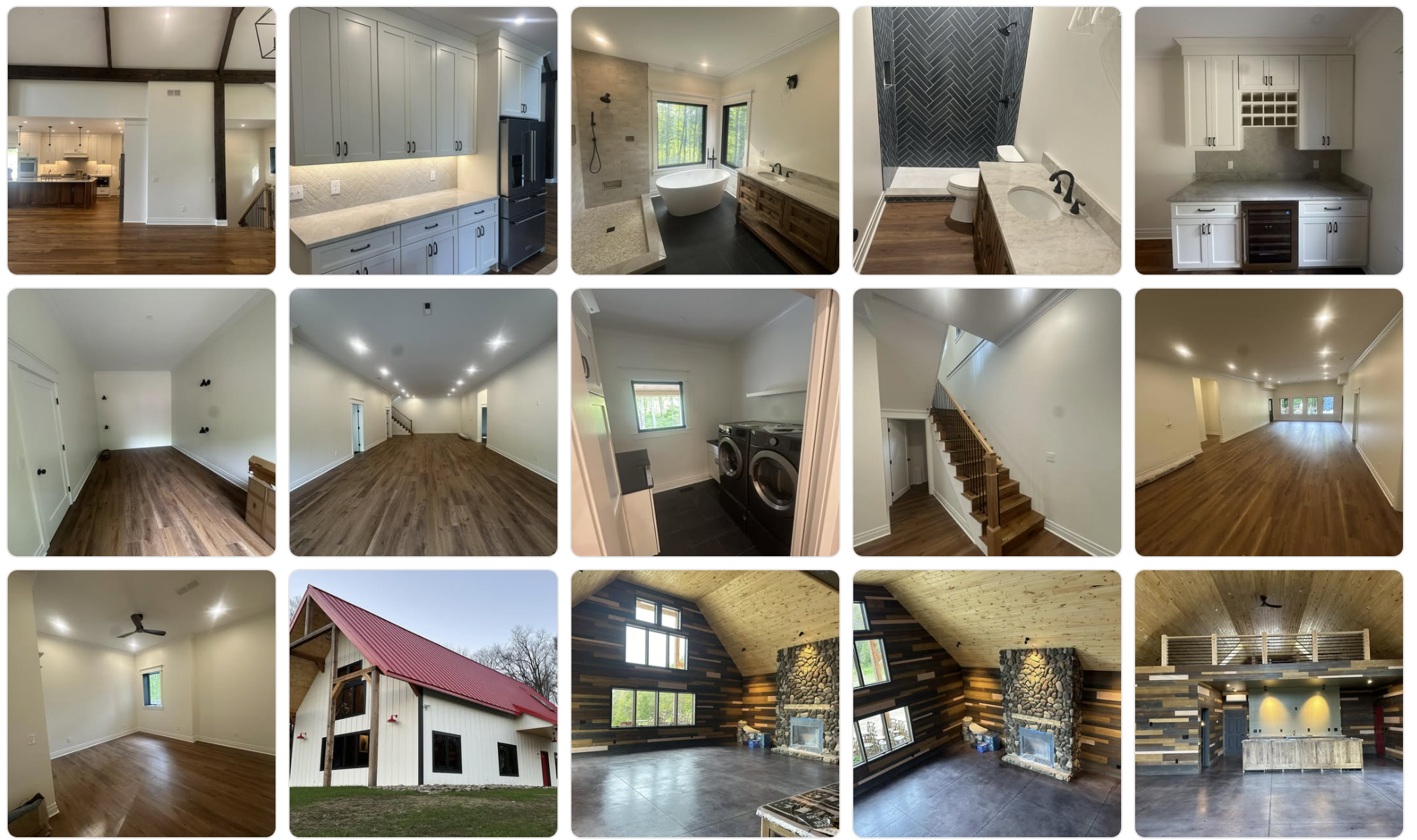Interior finish work — custom cabinetry, bathroom tile, hardwood floors, and staircase details