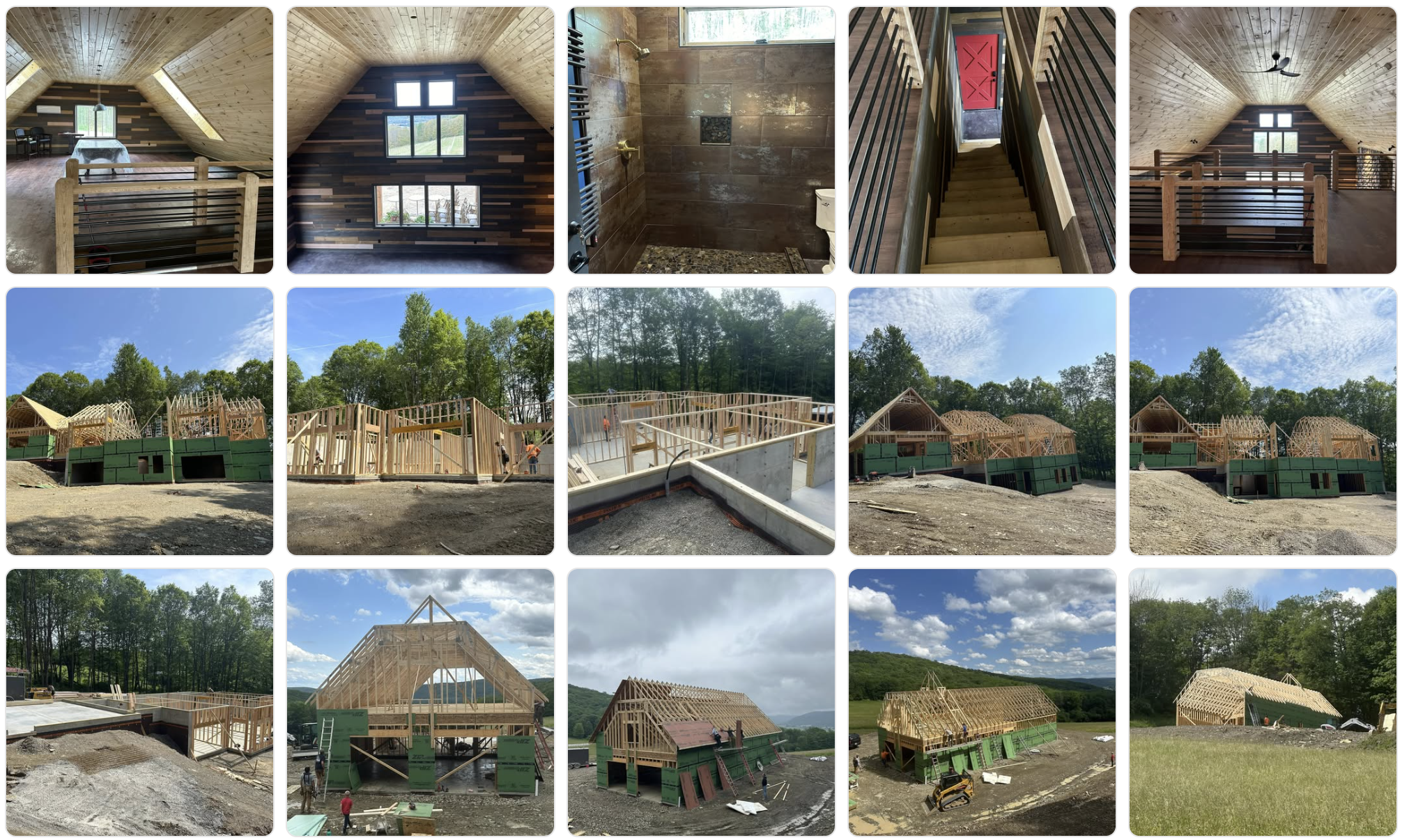 Barn and cabin build — reclaimed wood interior, stone fireplace, concrete floors, and framing progress